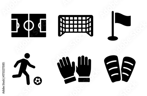 Minimalist soccer icons set: field, goal, player, gloves, flag, shin guards