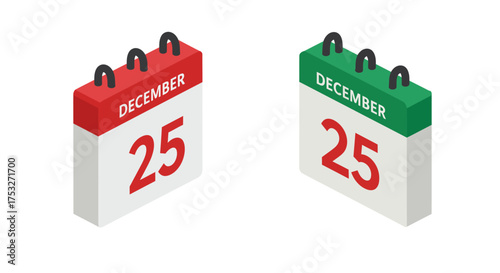 Isometric calendar icons for december 25th with festive red and green colors