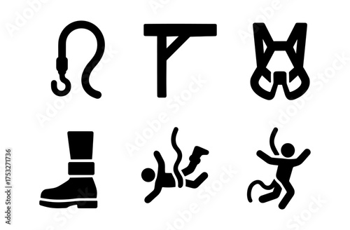 Bold silhouette icons of climbing essentials and activities in black and white
