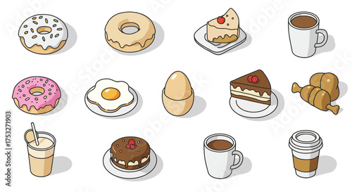 Assorted breakfast items featuring donuts, coffee, and pastries in modern car…