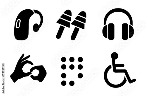 Silhouette icons of hearing aid, headphones, and accessibility symbols