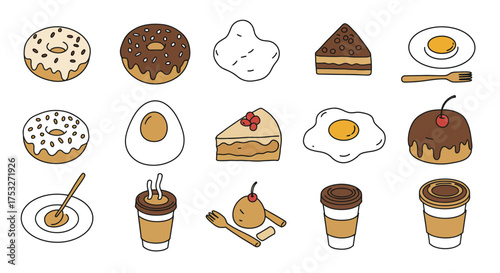 Delicious breakfast and dessert doodles featuring pastries coffee and eggs