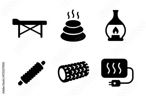 Wellness and relaxation icons set: aromatherapy, massage, sauna, and more