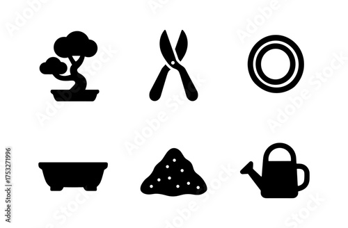 Gardening icons: minimalist silhouettes of tools and plants