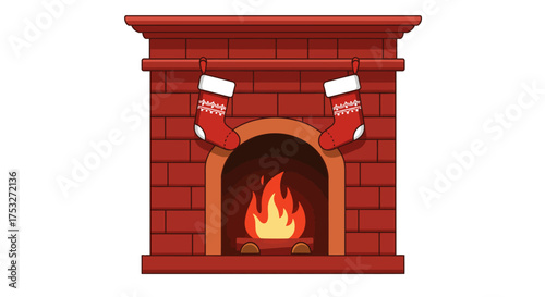 Festive fireplace with cozy red stockings and glowing flames for holiday decor