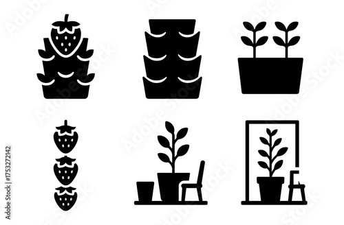 Stylish black planter and gardening icons with strawberry and plant designs