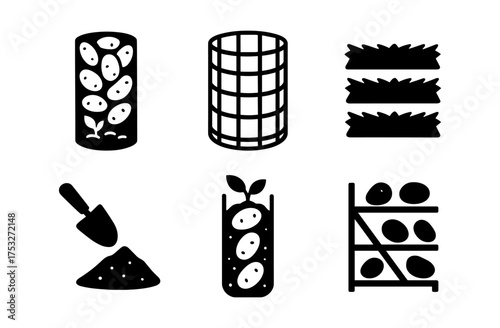 Silhouette icons of potato growth techniques and vertical gardening concepts