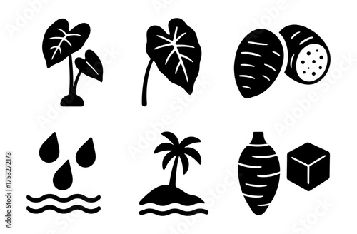 Tropical plant and food icons in black silhouette style