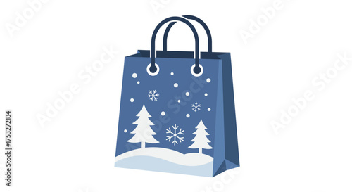 Winter shopping bag with snowflakes and pine trees on blue background