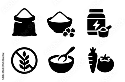 Gluten-free icons in monochrome: grains, bowls, jars, and fresh produce