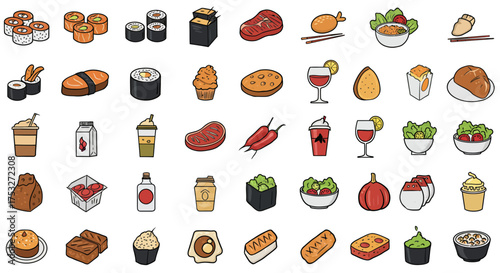 Diverse array of hand-drawn food and drink icons featuring global cuisine