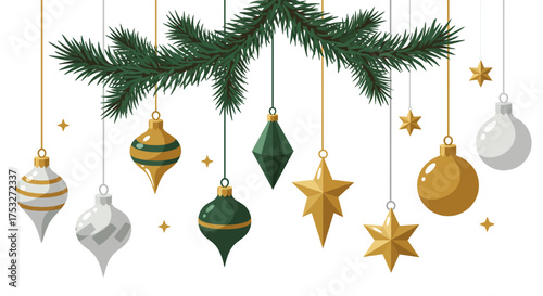 Festive christmas ornament design with hanging baubles and stars