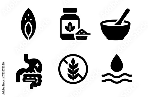 Health and nutrition icons: gluten free, organic, digestion, food safety