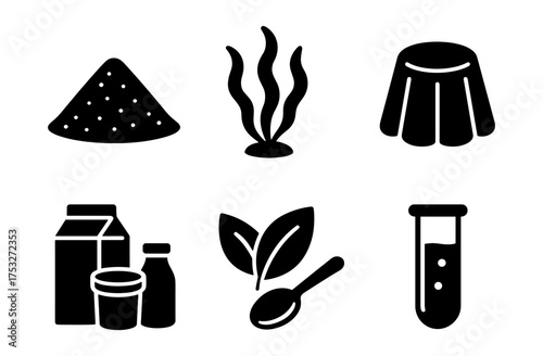 Black and white icons of food additives and ingredients for health and nutrition