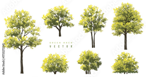Vertor set of green tree,plants side view for landscape elevations,element for backdrop,eco environment concept design,watercolor greenery scene
