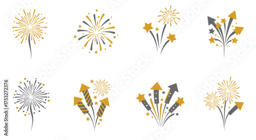 Festive fireworks collection with colorful bursts and explosive celebration d…