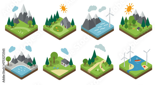 Isometric eco landscapes featuring mountains, wind turbines, and rivers