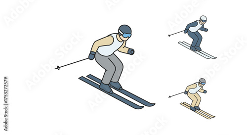 Skiing enthusiast in action: dynamic flat style illustration of skiers on slopes