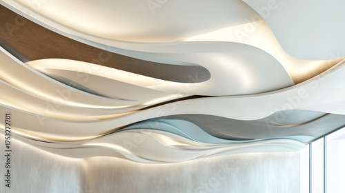 Abstract ceiling with wavy design, illumination, and a wall for interior design