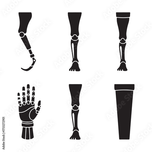 A collection of black silhouette icons representing prosthetic limbs, including legs and a hand, set against a clean white background for clear visualization of each unique design.