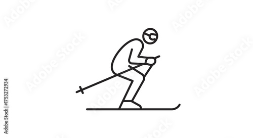 Minimalist linear skiing icon depicting downhill skier in motion