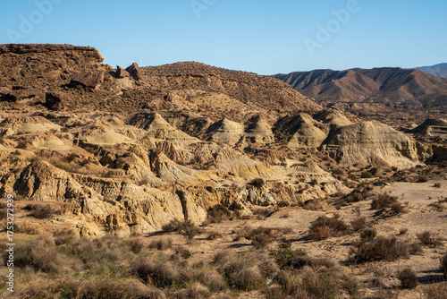 Tal mit Erdpyramiden in der Tabernas Wüste, Provinz Almería, Andalusien, Spanien