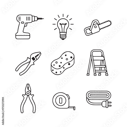 A curated set of essential DIY and home improvement tools, including a drill, chainsaw, pliers, ladder, and measuring tape, all presented on a clean white background for easy integration.