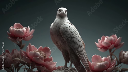 White Falcon Perched Among Blooming Peonies