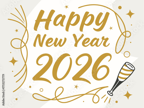 Happy new year 2026 celebration with champagne flute and decorative golden swirls on a white background created with generated ai