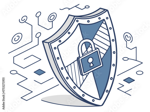 Illustration of a security shield with a padlock and abstract network lines on a white background created with generated ai