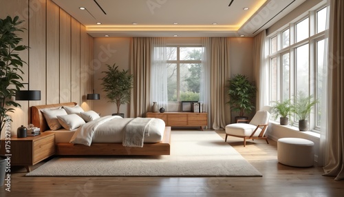 Modern bedroom features wooden accents minimalist furniture, large windows for natural light. Comfortable bed with soft linens arranged with pillows. Elegant curtains frame garden view. Cozy chair