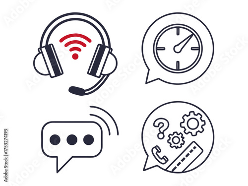 Illustration of headset with wifi signal, clock, message bubble, and support icons in speech bubbles created with generated ai