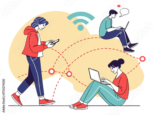 People using electronic devices connected by wifi network with dotted lines and speech bubble above person created with generated ai