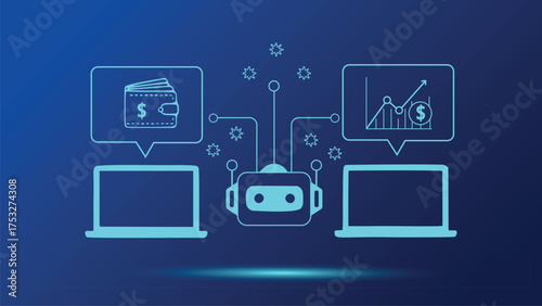 Automated financial trading system bot connecting two laptops with wallet and stock chart
