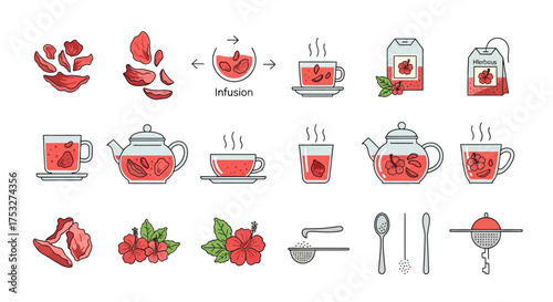 A visual guide illustrating the process of making hibiscus tea, from dried petals to a steaming cup, including brewing equipment and ingredients.