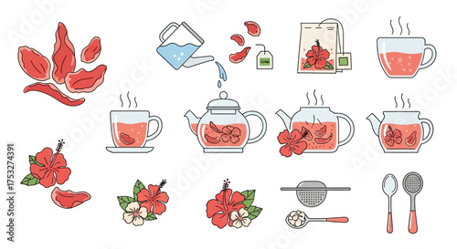 Collection of hibiscus tea brewing icons, including flowers, teapot, teacup, and accessories.