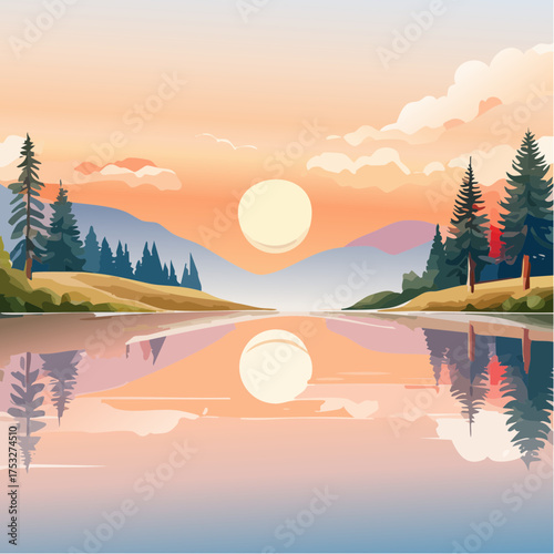 Sonnenaufgang über einem stillen See mit Nebelschleier