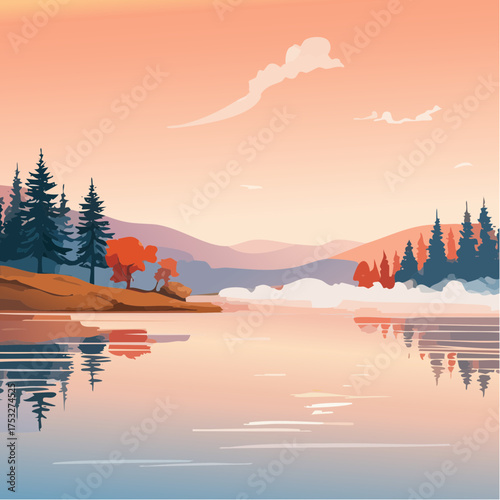 Sonnenaufgang über einem stillen See mit Nebelschleier