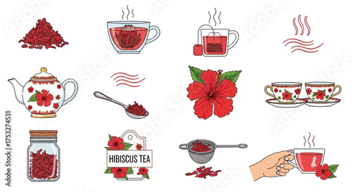 A collection of illustrations depicting hibiscus tea preparation and serving, including dried flowers, tea cups, a teapot, and a strainer.