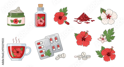 Collection of hibiscus-themed products and ingredients, including a cream jar, oil bottle, dried petals, fresh flowers, tea, and various pill forms.