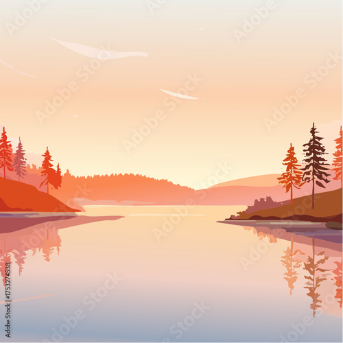 Sonnenaufgang über einem stillen See mit Nebelschleier