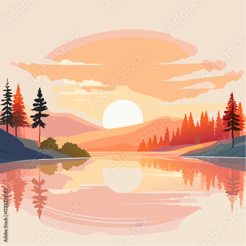 Sonnenaufgang über einem stillen See mit Nebelschleier