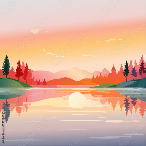 Sonnenaufgang über einem stillen See mit Nebelschleier