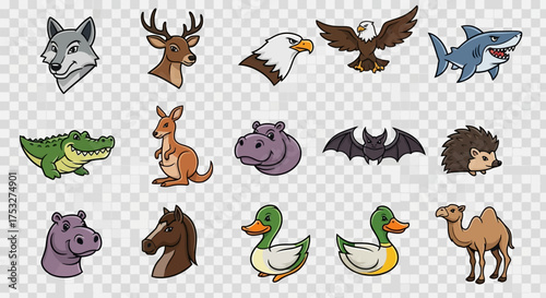 A diverse collection of cartoon animal illustrations featuring various species like a wolf, deer, eagle, shark, kangaroo, and more, on a transparent background.