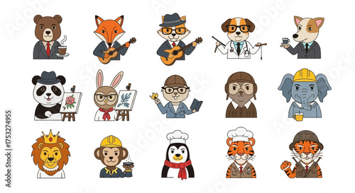 Cartoon animals dressed in human clothing, performing various professions, including a doctor, artist, musician, and businessman.