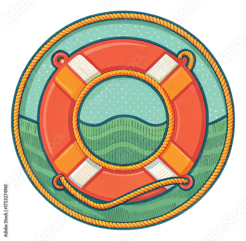 Vibrant life preserver illustration offering safety and rescue, perfect for nautical themes, summer designs, and coastal adventures with a sense of security
