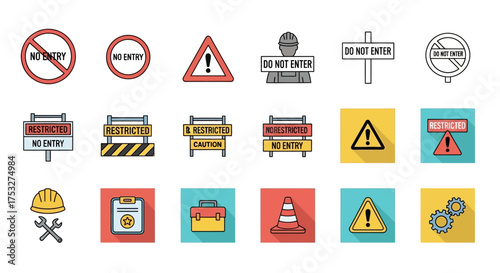 A collection of colorful vector icons representing construction, safety, and restricted access, including warning signs, barriers, a hard hat, and tools.