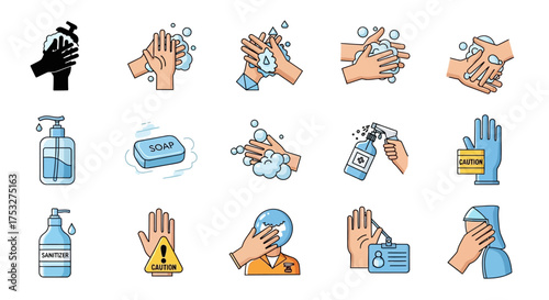 Vector illustrations of hand hygiene and health safety practices, including washing, sanitizing, and protective actions.