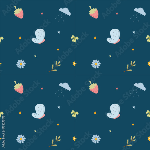Cute butterflies seamless repeat pattern. Random placed, vector spring drawings all over print.