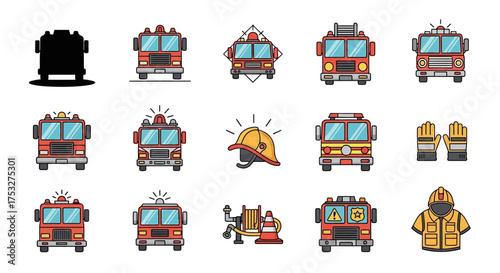 Collection of various stylized illustrations featuring fire trucks, gear, and equipment.